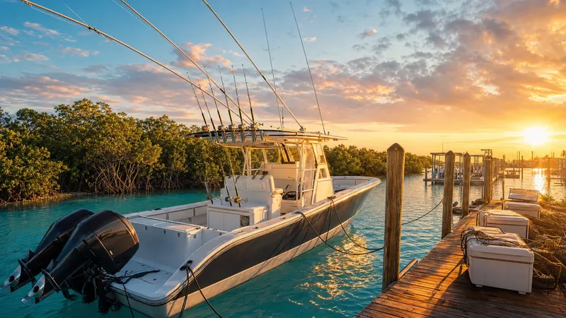 A center-console fishing boat at a mangrove-lined marina at sunrise, How to Become a Yacht Broker in Florida