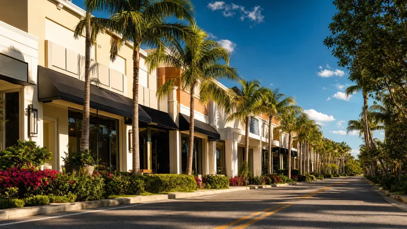 A palm-lined South Florida commercial street with modern storefronts, Palm Beach County Business License