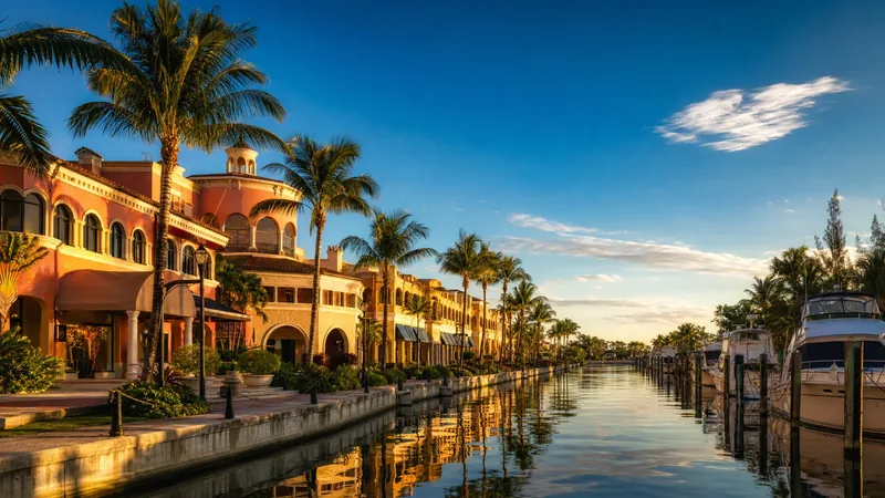 A Southwest Florida shopping street with palms and a canal, Lee County Business License