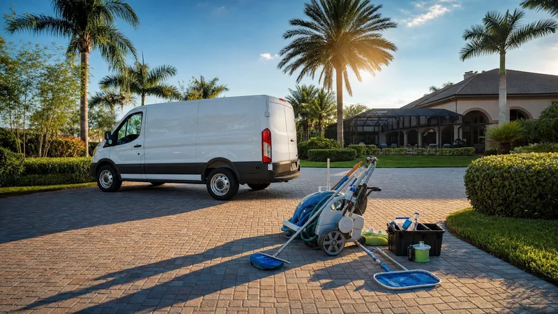 A service van outside a Florida home with palms and a pool cage, How to Start a Pool Cleaning Business in Florida