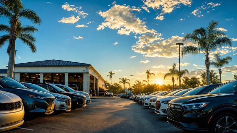 A tidy independent car lot and service bay under palm trees, How to Get a Florida Dealer License and Open a Car Lot