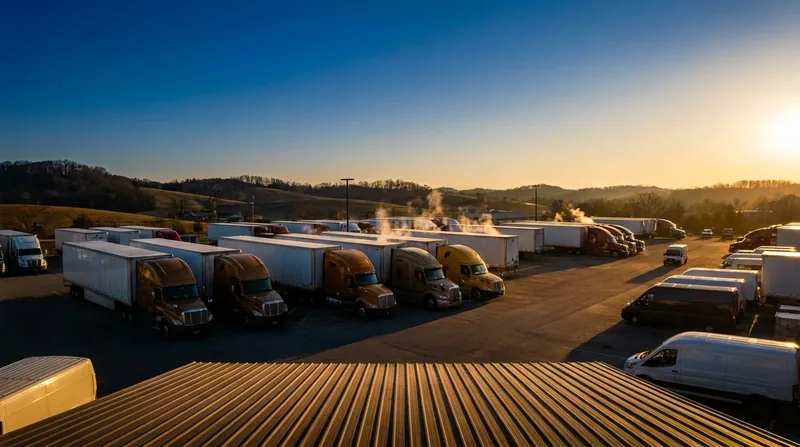 Box trucks and semis parked at a logistics yard at sunrise, How to Start a Moving Company in Florida